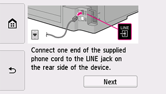 Pantalla Configuración fácil: conecte un extremo del cable de teléfono proporcionado a la clavija LINE situada en la parte posterior del dispositivo.