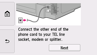 Pantalla Configuración fácil: Conecte el otro extremo del cable telefónico al conector de línea TEL, al módem o al divisor.