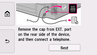 Pantalla Configuración fácil: Quite la tapa del puerto EXT. de la parte trasera del dispositivo y, a continuación, conecte un teléfono.