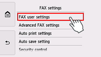 Pantalla Configuración fax: Seleccione Configuración de usuario del FAX