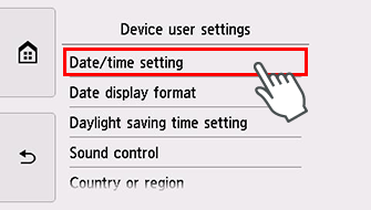 Pantalla Configuración de dispositivo: Seleccione Configuración hora/fecha