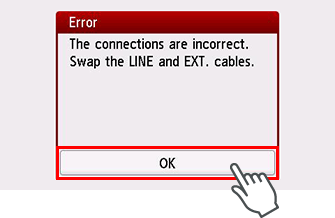 Pantalla de error: Las conexiones son incorrectas. Cambie los cables LINE y EXT.