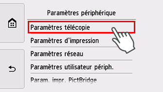 Écran Paramètres périphérique : Sélection de Paramètres télécopie