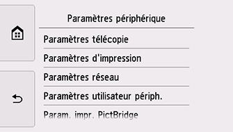 Écran Paramètres périphérique : Sélection de Paramètres utilisateur périph.