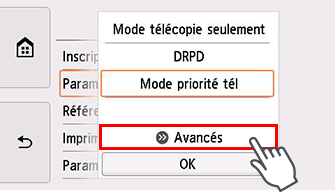 Écran Paramètres mode réception : Sélection de Avancés