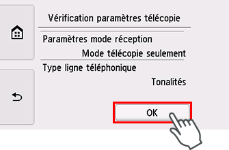 Écran Configuration facile : Vérification paramètres de la télécopie