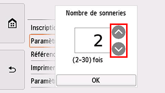 Écran des paramètres Nombre de sonneries