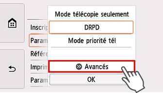 Écran Paramètres mode réception : Sélection de Avancés