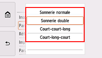 Écran des paramètres de sonnerie télécopie