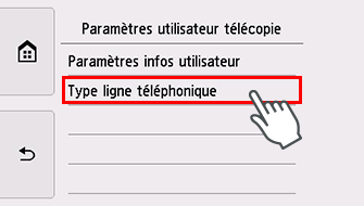 Écran Paramètres utilisateur télécopie : Sélection du type de ligne téléphonique