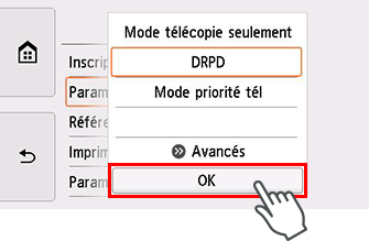 Écran Paramètres mode réception : Sélectionnez OK