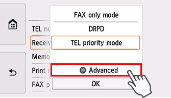 Receive mode settings screen: Select Advanced