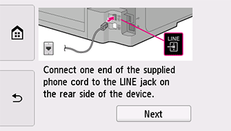 Layar Pengesetan mudah: Sambungkan satu ujung kabel telepon yang tersedia ke jack LINE pada bagian belakang perangkat.