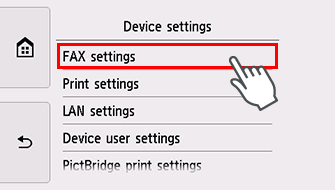 Device settings screen: Select FAX settings