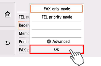 Tela Config. modo de recepção: Selecionar OK