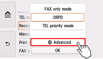 Receive mode settings screen: Select Advanced