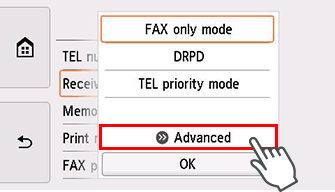 Receive mode settings screen: Select Advanced