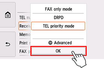 Receive mode settings screen: Select OK