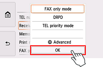 Receive mode settings screen: Select OK
