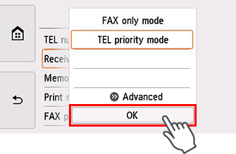 Màn hình Cài đặt chế độ nhận: Chọn OK