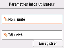 Écran Paramètres infos utilisateur