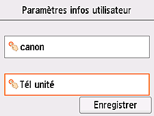 Écran Paramètres infos utilisateur