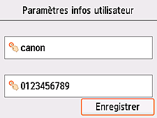 Écran de confirmation Paramètres infos utilisateur