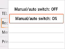 Manual/auto switch setting screen: Select ON