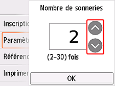 Écran des paramètres Nombre de sonneries