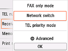 Receive mode settings screen: Select Network switch