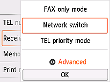 Receive mode settings screen: Select Advanced