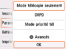 Écran Paramètres mode réception : Sélectionnez OK