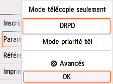 Écran Paramètres mode réception : Sélectionnez OK